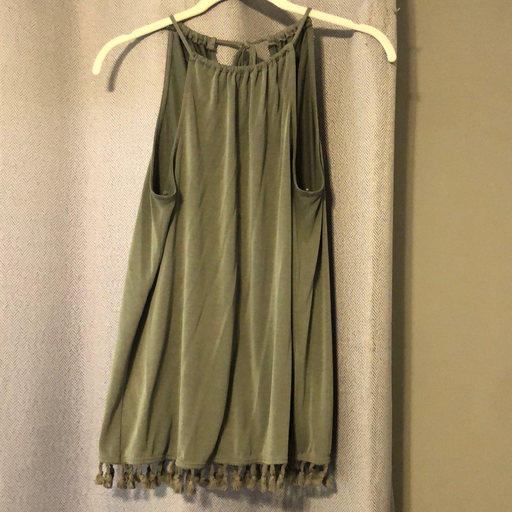 Army green tank top. Tie back. Fringe bottom. Like new condition. Size M.
